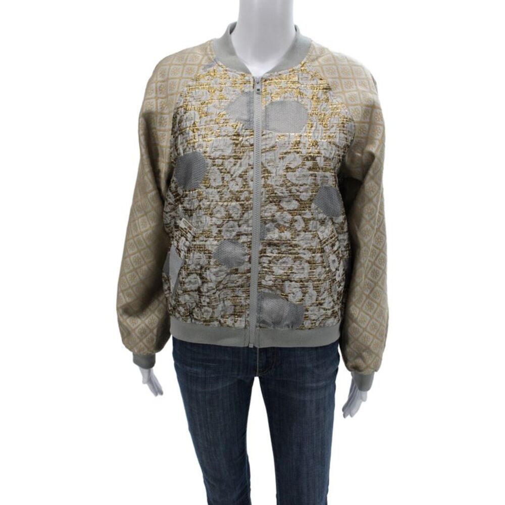 Summum Womens Gold Metallic Geometric Bomber Jacket Zip Long Sleeve Size XS